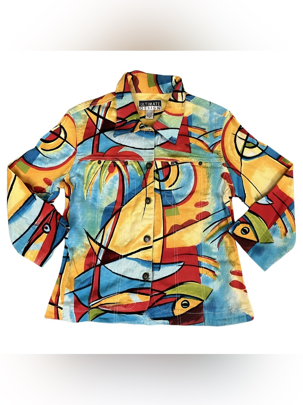 Vintage Abstract Tropical Denim Jacket Womens S Colorful Wearable Art 3/4 Sleeve